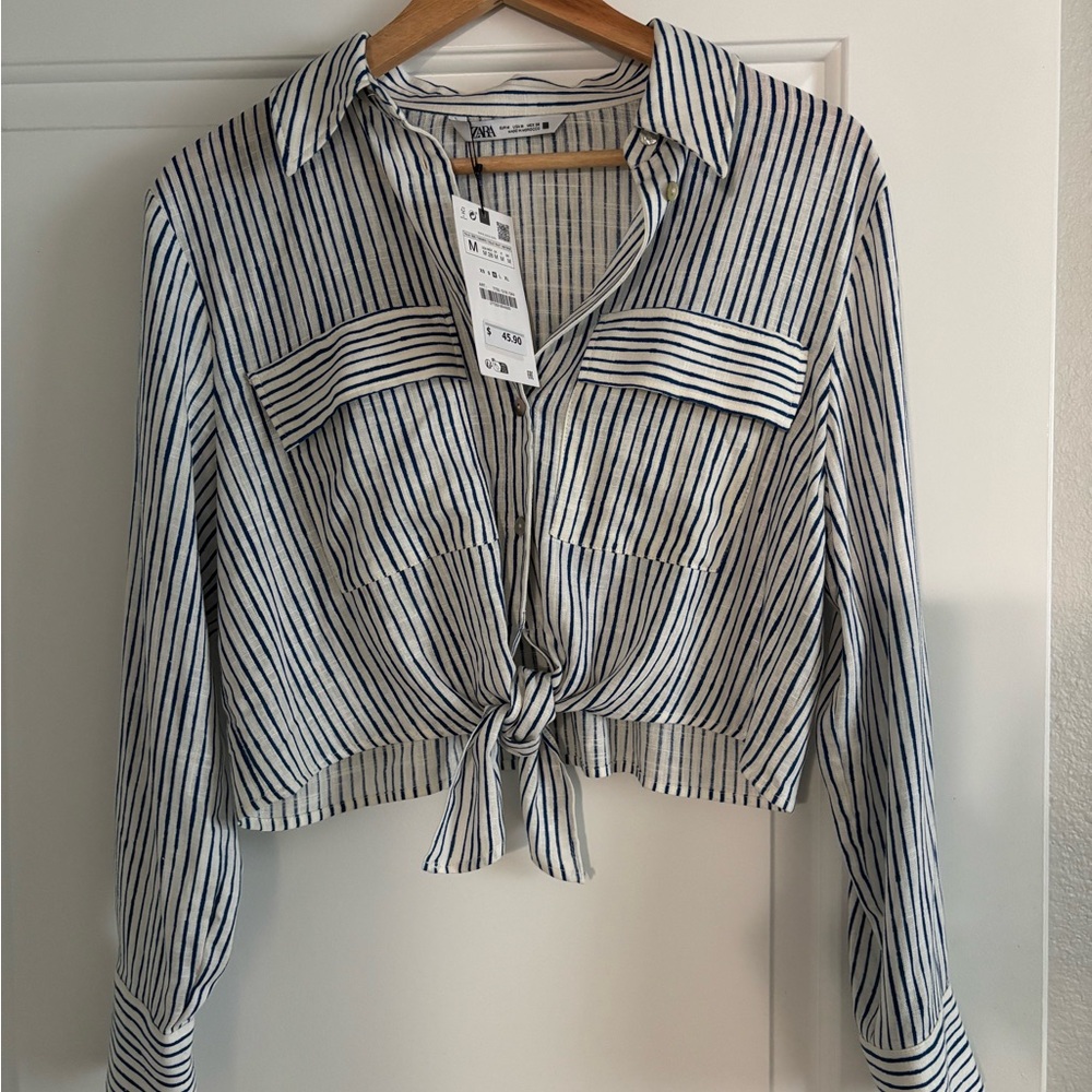 NWT Zara Linen Blend Striped Button-Up Tie Front Blouse